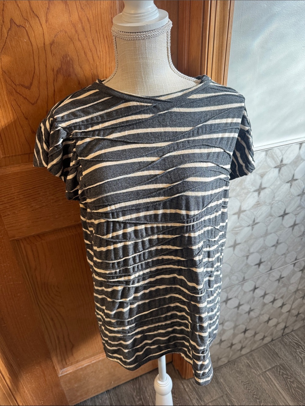 Doe & Rae Charcoal and Cream Striped Short Sleeve Top